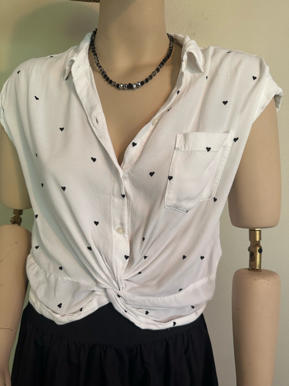 Abercrombie & Fitch White Button-Front Top with Black Heart Print and Front Tie